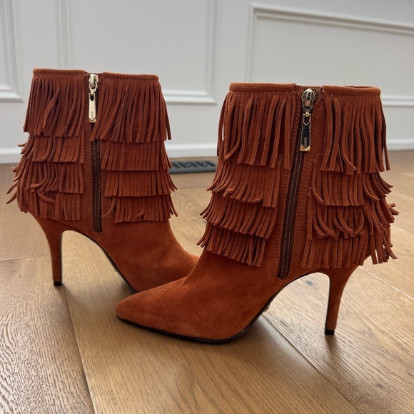 Schutz Kassia Brown Suede Fringe Ankle Boots Heeled Western Boho Boots - Size 40 - Picture 3 of 12